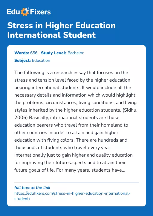 Stress in Higher Education International Student - Essay Preview