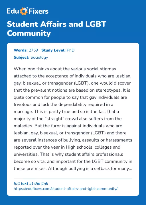 Student Affairs and LGBT Community - Essay Preview