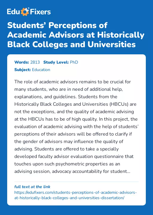 Students’ Perceptions of Academic Advisors at Historically Black Colleges and Universities - Essay Preview