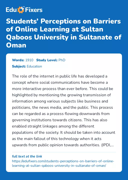 Students’ Perceptions on Barriers of Online Learning at Sultan Qaboos University in Sultanate of Oman - Essay Preview
