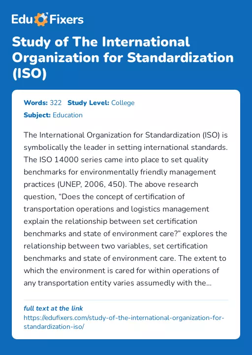 Study of The International Organization for Standardization (ISO) - Essay Preview