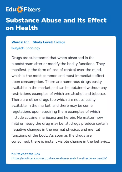 Substance Abuse and Its Effect on Health - Essay Preview
