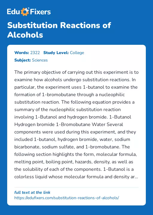 Substitution Reactions of Alcohols - Essay Preview