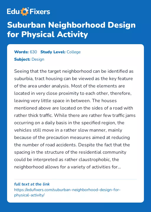 Suburban Neighborhood Design for Physical Activity - Essay Preview