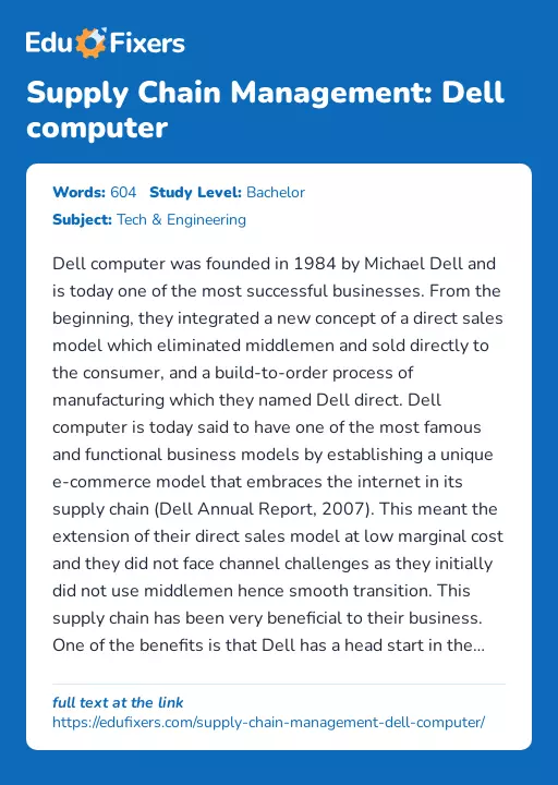 Supply Chain Management: Dell computer - Essay Preview