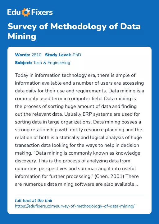 Survey of Methodology of Data Mining - Essay Preview