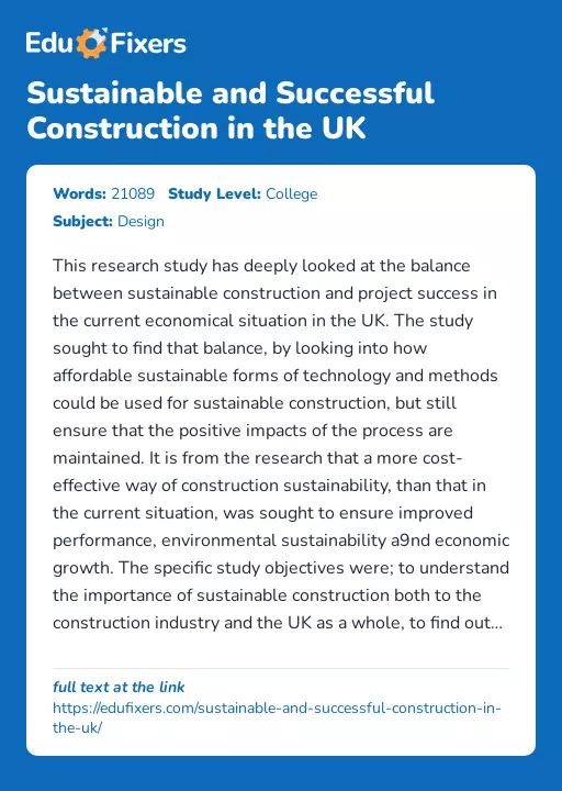 Sustainable and Successful Construction in the UK - Essay Preview