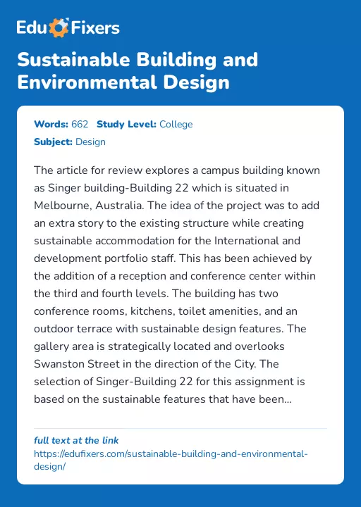 Sustainable Building and Environmental Design - Essay Preview