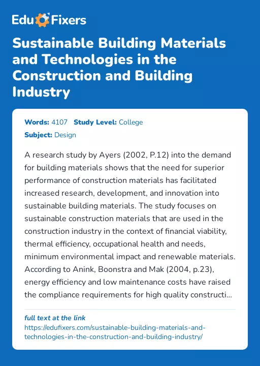 Exploring Sustainable Building Materials and Technologies - Essay Preview