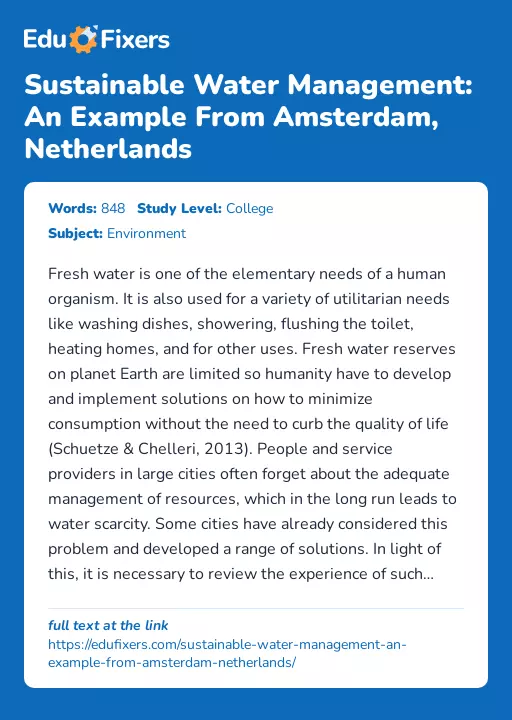Sustainable Water Management: An Example From Amsterdam, Netherlands - Essay Preview