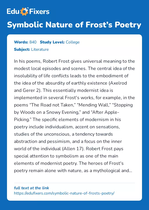 Symbolic Nature of Frost’s Poetry - Essay Preview