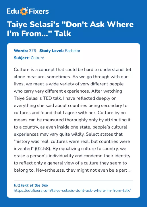 Taiye Selasi's "Don't Ask Where I'm From…" Talk - Essay Preview