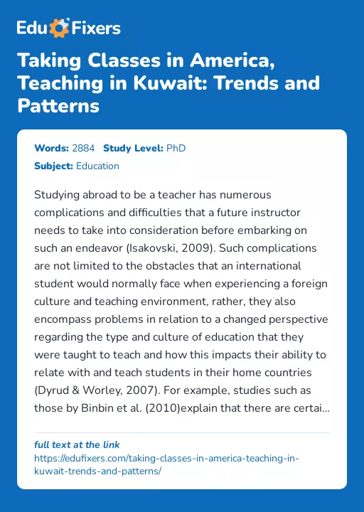 Taking Classes in America, Teaching in Kuwait: Trends and Patterns - Essay Preview