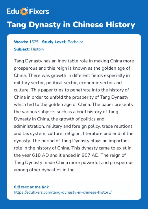 Tang Dynasty in Chinese History - Essay Preview