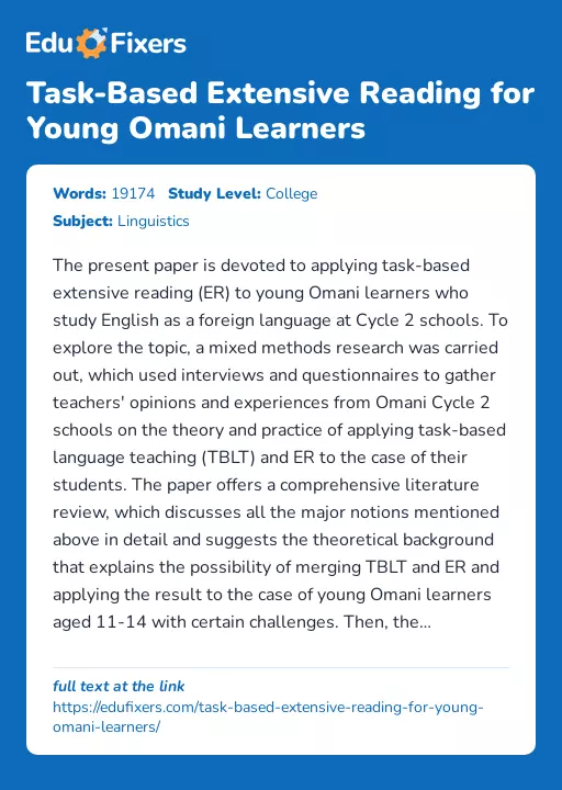 Task-Based Extensive Reading for Young Omani Learners - Essay Preview