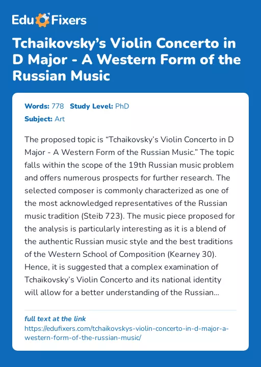 Tchaikovsky’s Violin Concerto in D Major - A Western Form of the Russian Music - Essay Preview