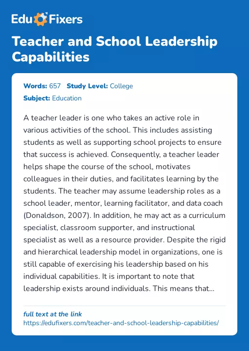 Teacher and School Leadership Capabilities - Essay Preview