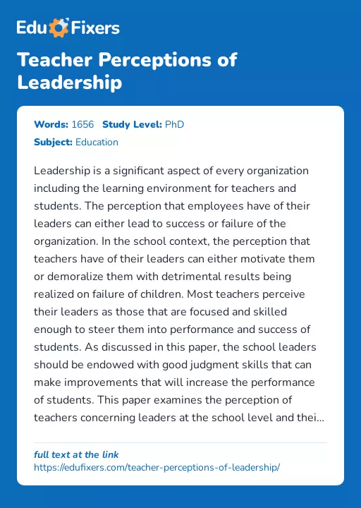 Teacher Perceptions of Leadership - Essay Preview