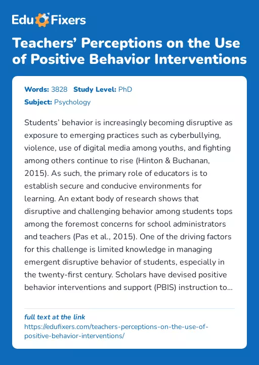 Teachers’ Perceptions on the Use of Positive Behavior Interventions - Essay Preview