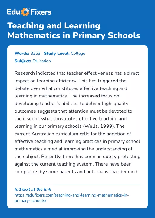 Teaching and Learning Mathematics in Primary Schools - Essay Preview