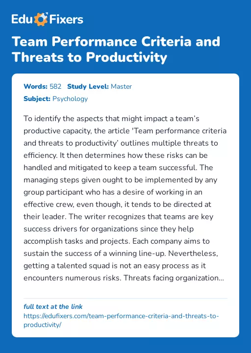 Team Performance Criteria and Threats to Productivity - Essay Preview