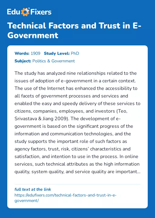 Technical Factors and Trust in E-Government - Essay Preview