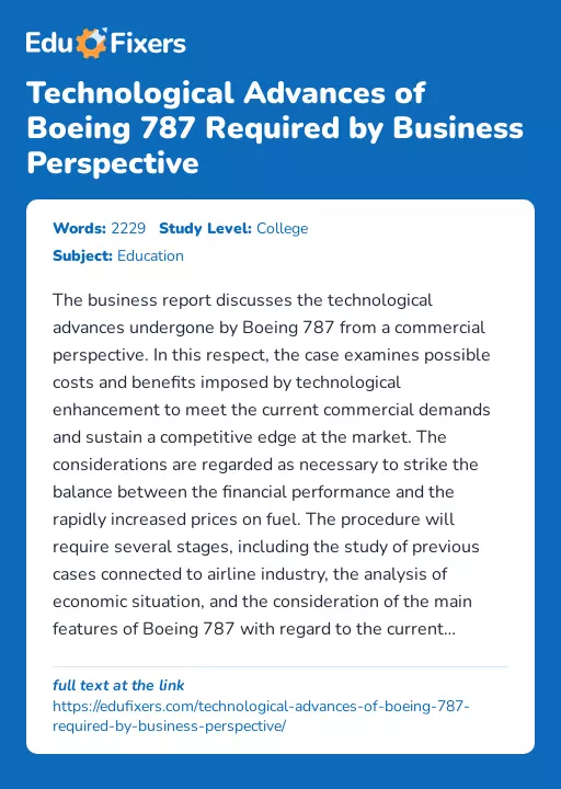 Technological Advances of Boeing 787 Required by Business Perspective - Essay Preview