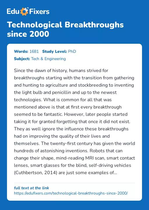 Technological Breakthroughs since 2000 - Essay Preview
