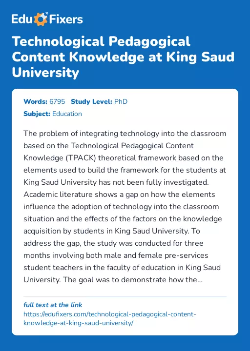 Technological Pedagogical Content Knowledge at King Saud University - Essay Preview