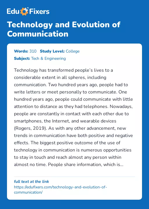 Technology and Evolution of Communication - Essay Preview