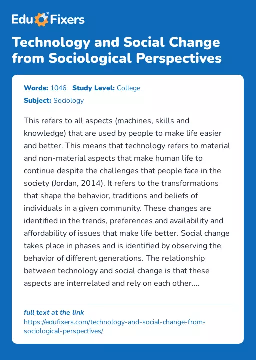 Technology and Social Change from Sociological Perspectives - Essay Preview