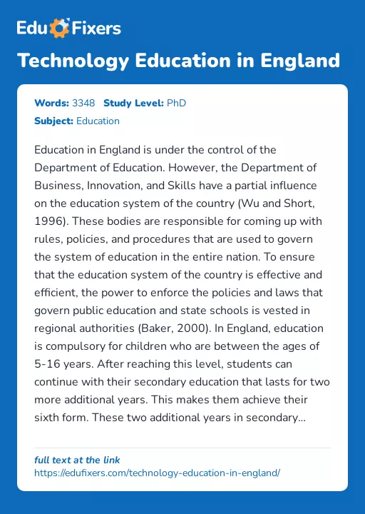 Technology Education in England - Essay Preview
