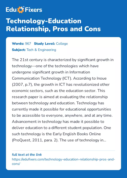 Technology-Education Relationship, Pros and Cons - Essay Preview