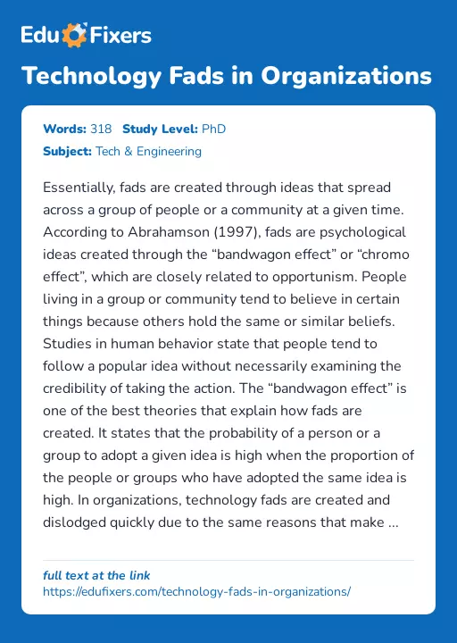 Technology Fads in Organizations - Essay Preview
