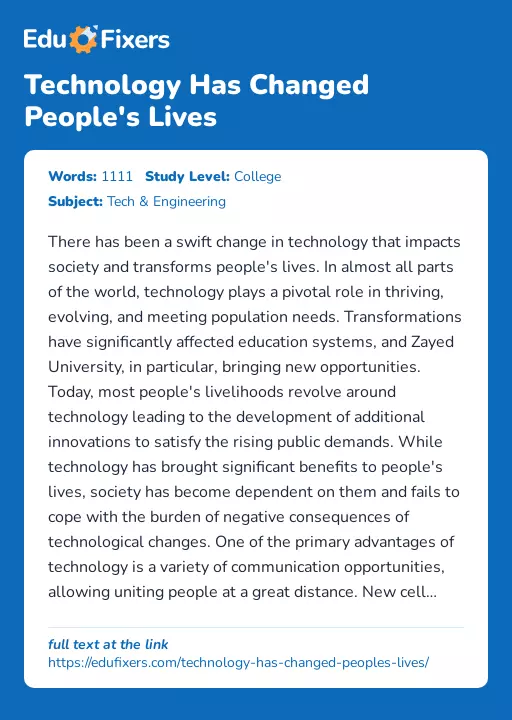 Technology Has Changed People's Lives - Essay Preview