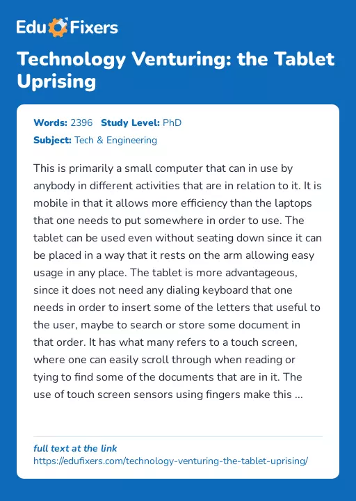 Technology Venturing: the Tablet Uprising - Essay Preview