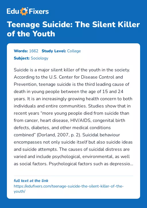 Teenage Suicide: The Silent Killer of the Youth - Essay Preview