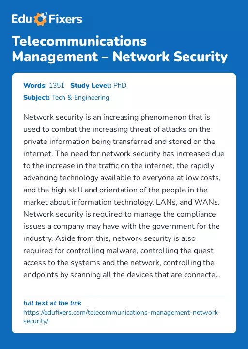 Telecommunications Management – Network Security - Essay Preview