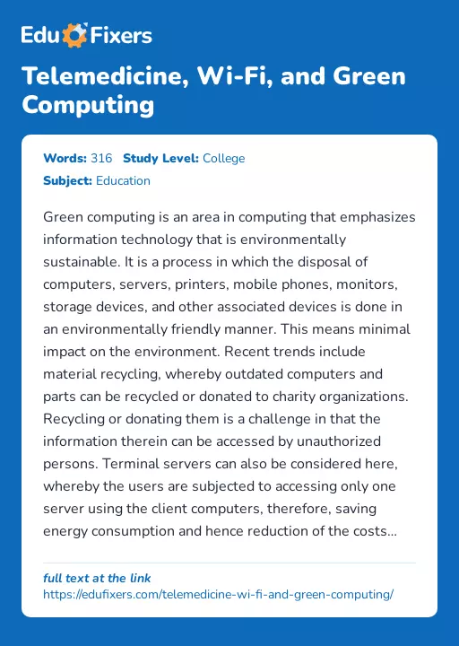 Telemedicine, Wi-Fi, and Green Computing - Essay Preview