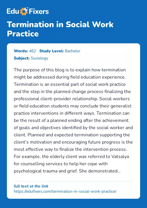 Termination in Social Work Practice - Essay Preview