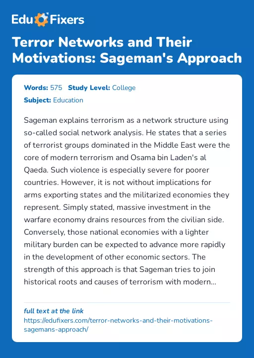Terror Networks and Their Motivations: Sageman's Approach - Essay Preview