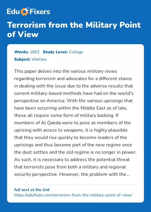 Terrorism from the Military Point of View - Essay Preview