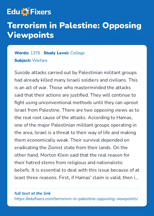 Terrorism in Palestine: Opposing Viewpoints - Essay Preview