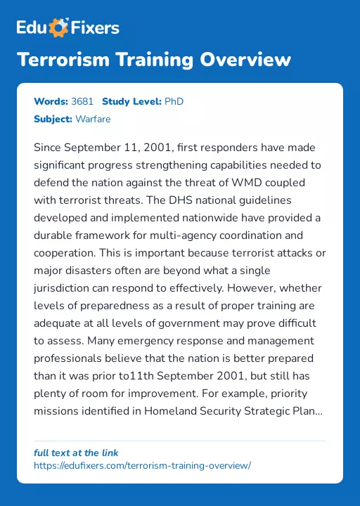 Terrorism Training Overview - Essay Preview
