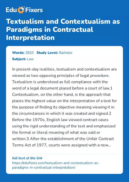 Textualism and Contextualism as Paradigms in Contractual Interpretation - Essay Preview