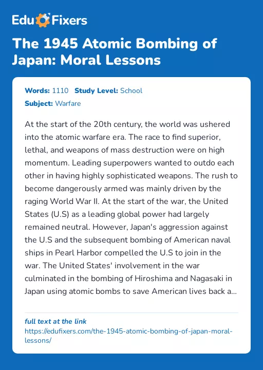 The 1945 Atomic Bombing of Japan: Moral Lessons - Essay Preview