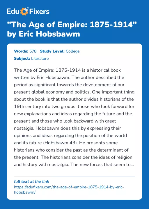 "The Age of Empire: 1875-1914" by Eric Hobsbawm - Essay Preview