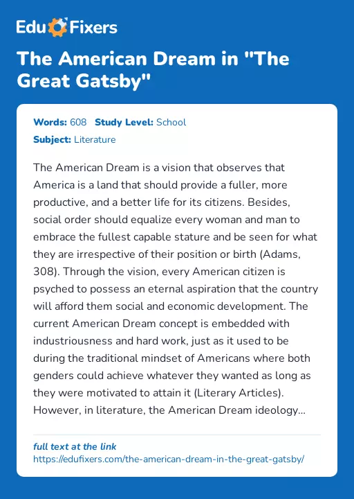 The American Dream in "The Great Gatsby" - Essay Preview