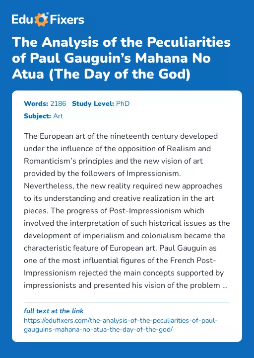 The Analysis of the Peculiarities of Paul Gauguin’s Mahana No Atua (The Day of the God) - Essay Preview