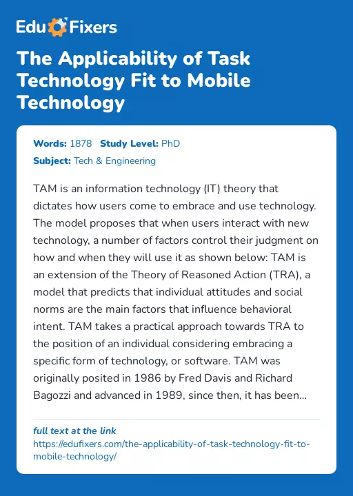 The Applicability of Task Technology Fit to Mobile Technology - Essay Preview